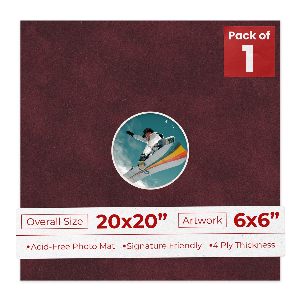 Dark Red Suede Mat Board for 20x20 Frames - Circle Opening for 6x6 Photos